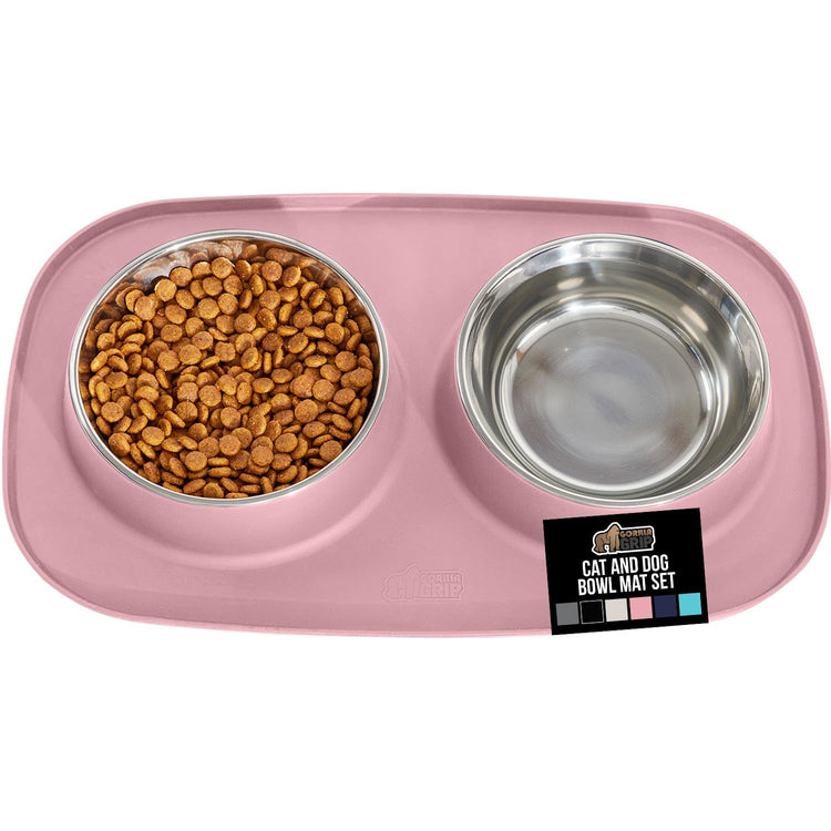 GORILLA GRIP Feeding Mat Set, Patent Pending 100% Waterproof BPA Free Silicone, Stainless Steel Cat and Dog Bowls, Slip Resistant, 1 Black mat/tray with 2 stainless steel bowls
