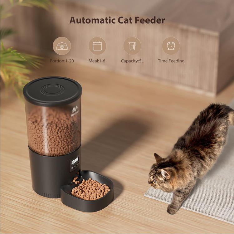 IMIPAW Automatic Cat Feeders, Timed Cat Dry Food Dispenser with Desiccant Bag, Dual Power Supply, Programmable Portion Size, 6 Meals, 20 Portions Per Day, Auto Pet Feeder for Cats and Small Dog, White