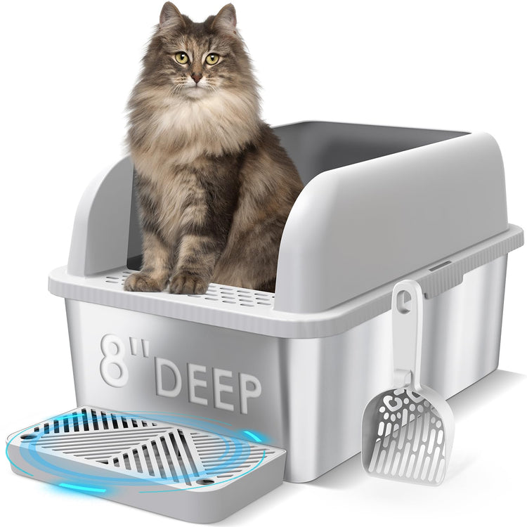 Extra Large Stainless Steel Litter Box with Lid, High Sides Enclosed Cat Litter Box for Big Cats & High Peeing, Anti-Leak & Odor Control Metal Litter Pan, Easy Clean Non-Stick Kitty Litter Box