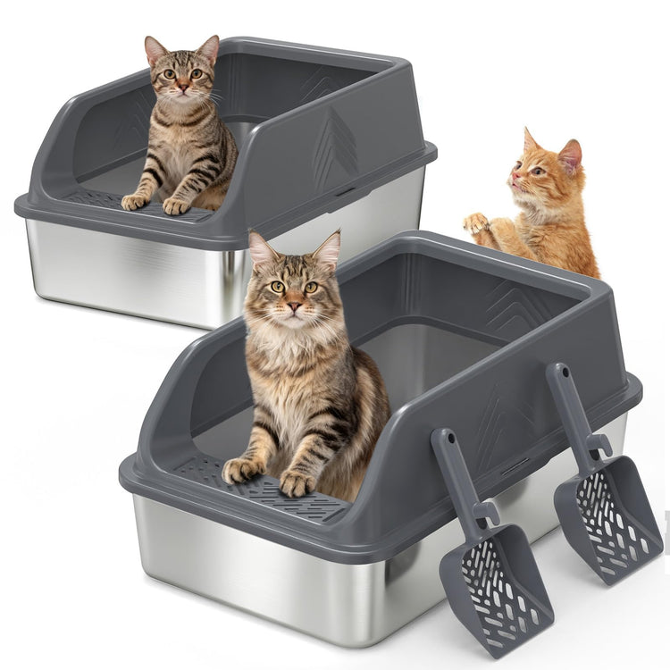 2 Pack XL Stainless Steel Litter Box, Metal Cat Litter Boxes with Lid, High Sided Enclosed Litter Boxes for Big Cat and Multiple Cats, Anti-Urine Leakage | Non-Stick Bottom & Includes Scoop