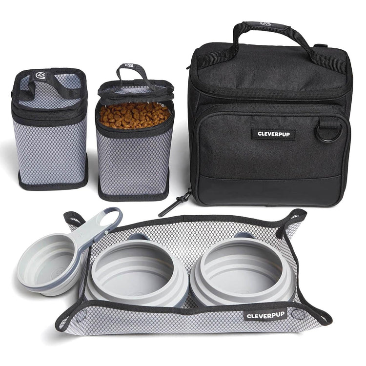 Cleverpup, Large 7-Piece Bistro Box Dog Food Travel Kit, 12-Cup Kibble Storage, 2 Silicone Bowls, Mat & Scoop - Premium Portable Pet Food Kit for Weekends, Overnights, Daycare & Camping, Checkerboard