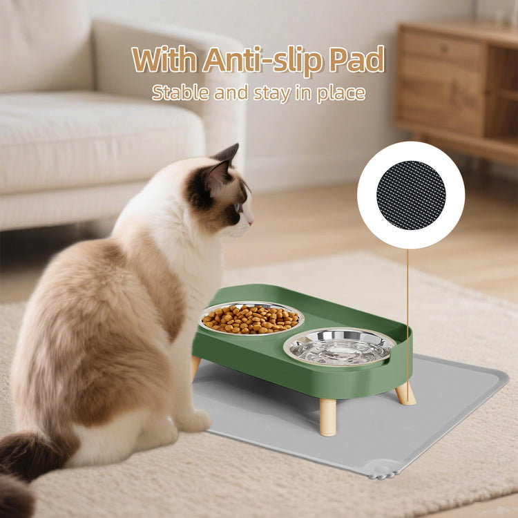 Elevated Cat Bowl, Raised Cat Food and Water Bowl Set for Indoor Cats, Splash Proof with 2 Stainless Steel Pet Food Bowls for Cats and Puppies, Whisker Fatigue and Dishwasher Safe - White