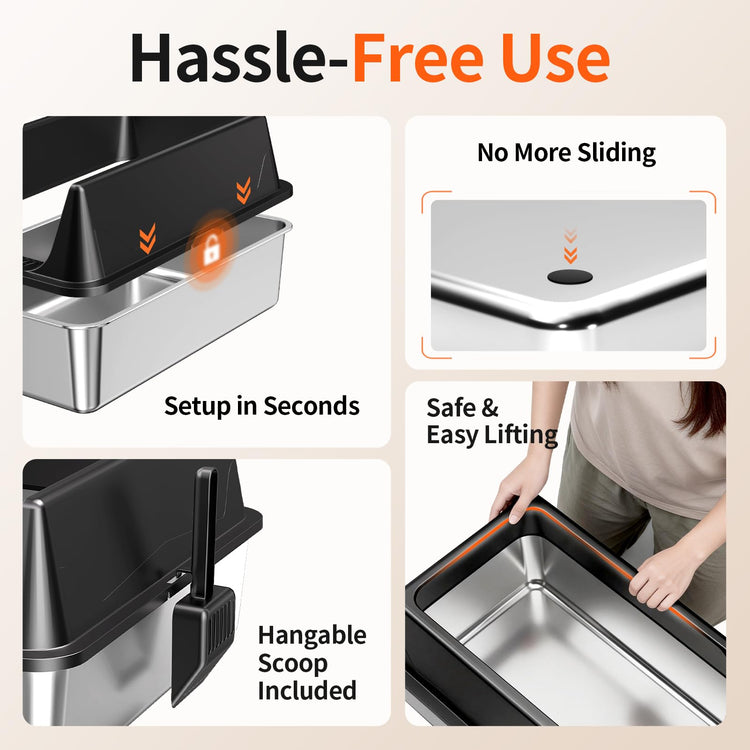 2 Pack XL Stainless Steel Litter Box with High Sides Shield for Multi Cat, Extra Large Tall Wall Open Top Deep Metal Pan for Big Cats, Anti-Leak Non-Stick Odor Control, 2 Scoops Included, Gray
