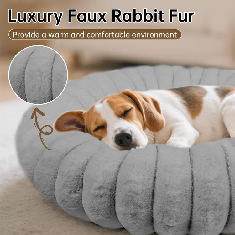 Donut Dog and Cat Bed, Luxurious Comfortable Faux Rabbit Fur Pet Beds, Round Anti-Anxiety Calming Puppy Kitten Bed with Anti-Slip Bottom for Small Medium Dogs & Cats(28", White)