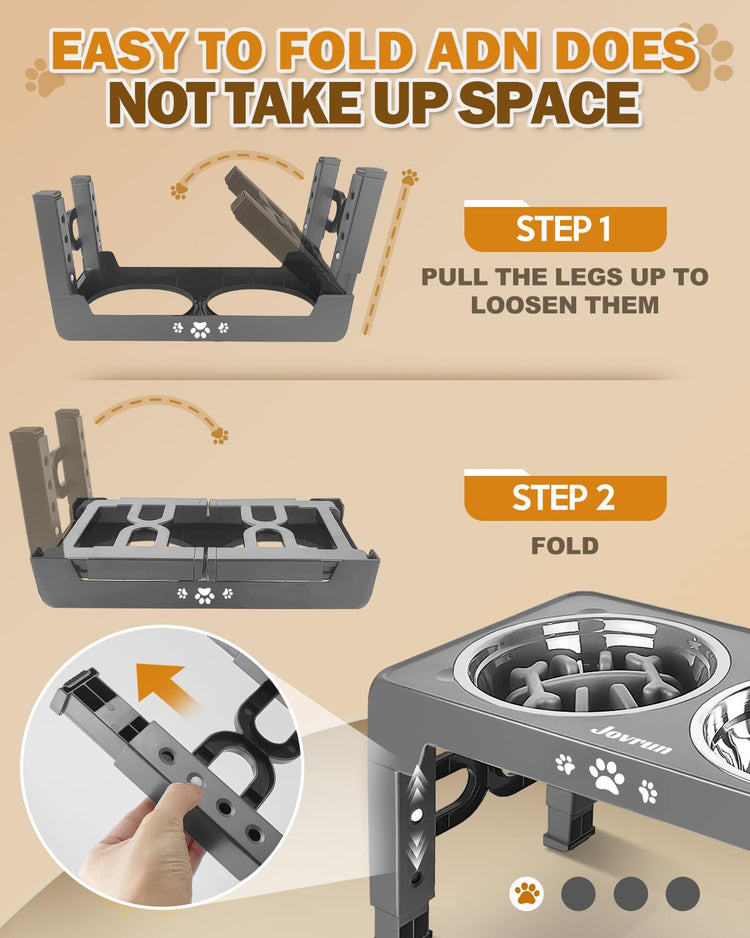 Jovrun Elevated Dog Bowls for Medium Large Size Dogs, Non-Slip Dog Feeder with 1*Stainless Steel Dishes & 1*Slow Feeder Bowl, 5 Heights Adjustable Raised Bowls to 3.15″-8.66″-9.84″-11.02″-12.2″