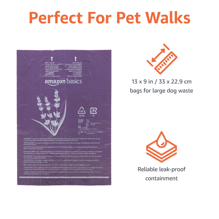 Amazon Basics Dog Poop Leak Proof Bags with Dispenser and Leash Clip, Unscented, 13" x 9" Large Size, 300 Count