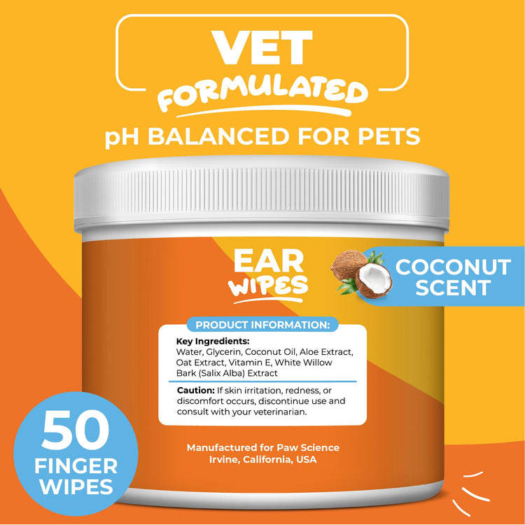 Paw Science Dog Ear Cleaner Wipes – Finger Wipes for Dogs & Cats – Cleaning, Soothing, & Deodorizing Itchy Ears – Pet Ear Relief Solution (Coconut)