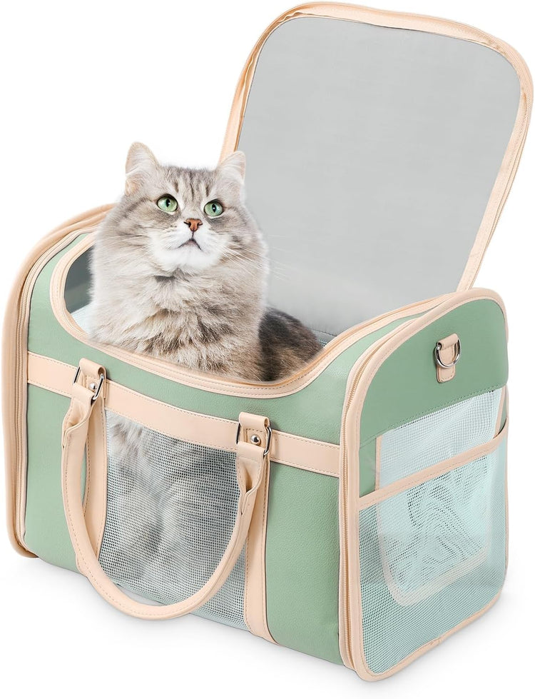 Luxury Mint Green PU Leather Pet Carrier Bag, Airline Compliant Portable Travel Crate with Breathable Mesh Panels & Shoulder Strap for Cats Small Dogs Travel & Vet Use