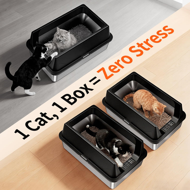 2 Pack XL Stainless Steel Litter Box with High Sides Shield for Multi Cat, Extra Large Tall Wall Open Top Deep Metal Pan for Big Cats, Anti-Leak Non-Stick Odor Control, 2 Scoops Included, Gray