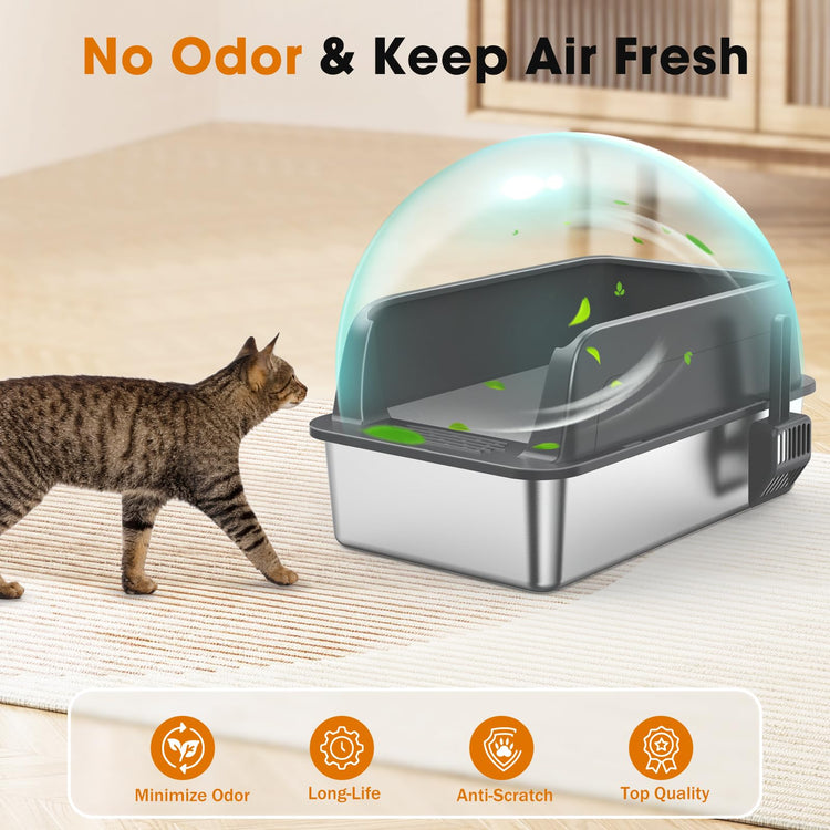 2PACK Stainless Steel Litter Box, Extra Large Litter Boxes for Big Cats, XL Metal Cat Litter Box with Lid High Sides, Anti-Urine Leakage, Non-Sticky, Scoop Included