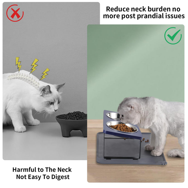 Upgraded Elevated Cat Bowls with Food Mat,15°Tilted Stand Anti Vomiting Raised Cat Dishes for Food and Water,2 Stainless Steel Bowls for Cats and Puppy