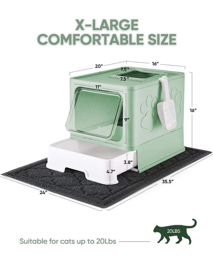 Medario Cat Litter Box with Litter Mat and Scoop, Large Covered Litter Box with Lid, Enclosed Kitty Box, Front Entry Top Exit, Odor Control, Easy to Clean (Grey)
