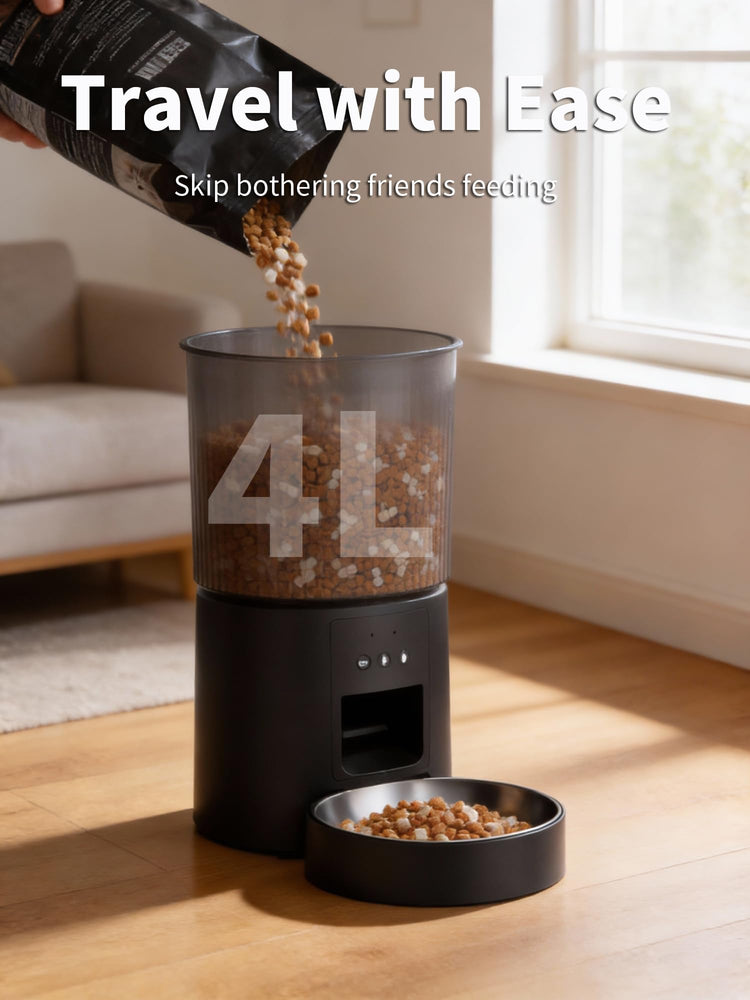 Automatic Cat Feeder, 2.4GHz WiFi Automatic Dog Food Dispenser, Fresh Protection, 4.5L Timer Feeder, Personalized Recording 10 Seconds, Easy to Clean, Stainless Steel Bowl (Double/Black)