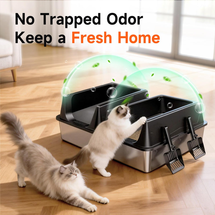 2 Pack XL Stainless Steel Litter Box with High Sides Shield for Multi Cat, Extra Large Tall Wall Open Top Deep Metal Pan for Big Cats, Anti-Leak Non-Stick Odor Control, 2 Scoops Included, Gray