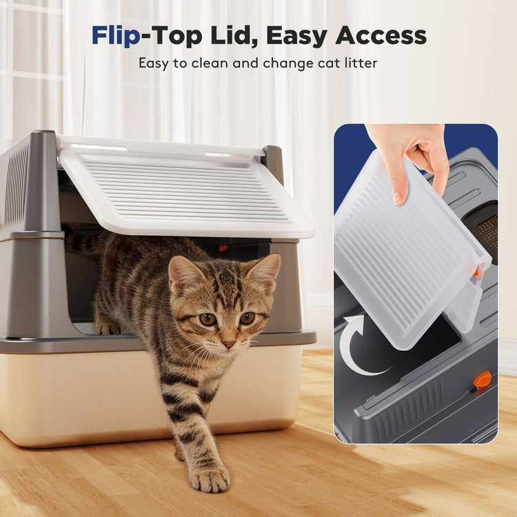 FURTIME Stainless Steel Litter Box with Lid, Large Enclosed Cat Litter Box for Big Cats, Metal Cat Box with High Sided Enclosure & Scoop, Front & Top Entry, Odor Free, Anti-Leakage, Grey