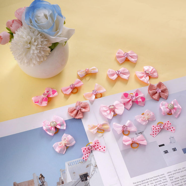 20 PCS Cute Dog Hair Bows with Rubber Bands Elastic Handmade Mix Style Lace Rhinestone Pearls for Furry Puppy Cat Pet Girl, Pink
