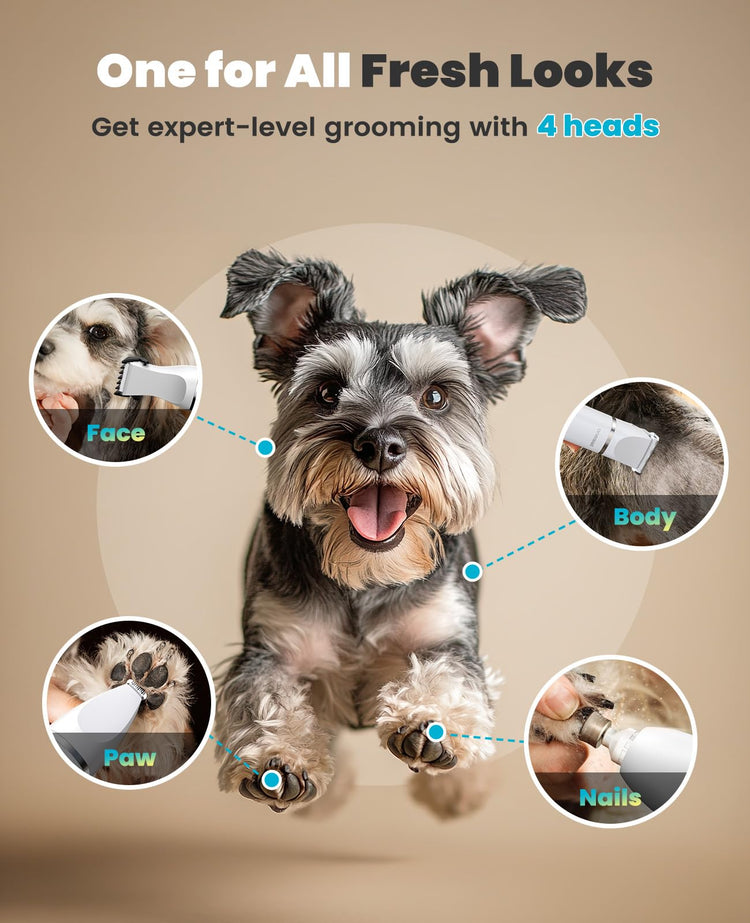 oneisall 4 in 1 Dog Grooming Kit with LCD Display, Dog Hair Trimmer for Paw Nail Grinder, Rechargeable Cordless Low Noise IPX7 Waterproof Pet Clippers