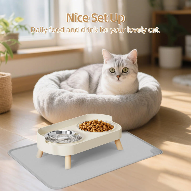 Elevated Cat Bowl, Raised Cat Food and Water Bowl Set for Indoor Cats, Splash Proof with 2 Stainless Steel Pet Food Bowls for Cats and Puppies, Whisker Fatigue and Dishwasher Safe - White