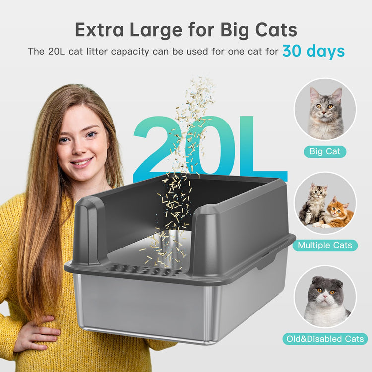 WoofiGo Enclosed Stainless Steel Cat Litter Box with Lid, XL Extra Large Litter Box for Big Cats, Metal Litter Pan High Sided, Never Absorbs Odors, Anti-Urine Leakage, Easy Cleaning, Include Scoop