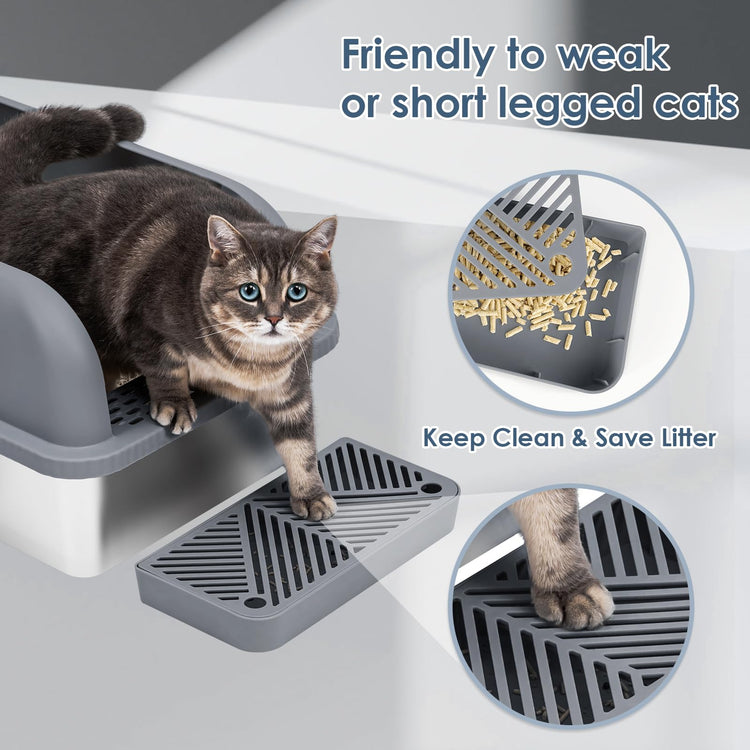 Extra Large Stainless Steel Litter Box with Lid, High Sides Enclosed Cat Litter Box for Big Cats & High Peeing, Anti-Leak & Odor Control Metal Litter Pan, Easy Clean Non-Stick Kitty Litter Box