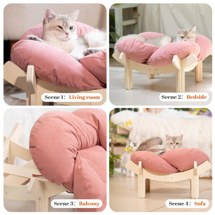 CHEERHOME PETS Elevated Cat Bed Wooden with Cushion Fluffy Pet Couch Sofa for Indoor Cats Raised Kitty Lounge Chair Suitable for Puppy, Cat Furniture(Pink)