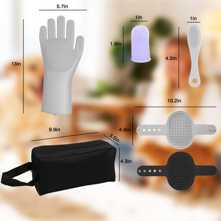 7PCS Pet Grooming Kit for Dogs and Cats，with Storage Bag & Includes Dog Washing Gloveswith High-Density Teeth, Adjustable Handle Dog Shampoo Brush, Dog Finger Toothbrush (Gray)