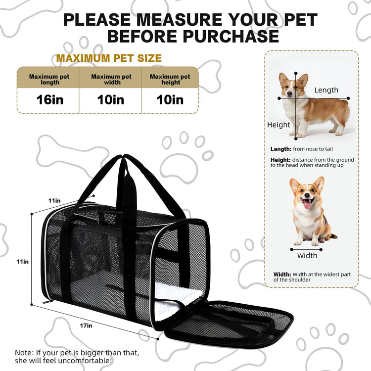 Cat Carrier Dog Carrier Pet Carriers Soft-Sided Cats Bag Animal Carriers Puppy Carrying Bag TSA Airline Approved Small Dog Carrier Soft Sided, Collapsible Travel Carriers for Big Cats(Up to 16lbs),