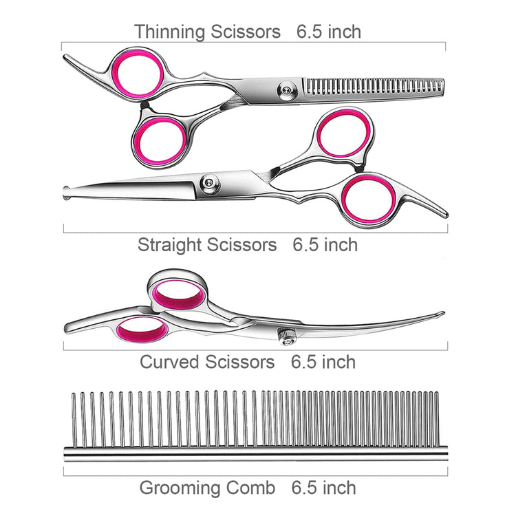 TINMARDA Dog Grooming Kit, Professional Stainless Steel Dog Grooming Scissors with Curved Shears, Pink Finger Rings - 5 Piece Sharp Durable Pet Shears for Dogs Cats At Home Salon-Quality Grooming