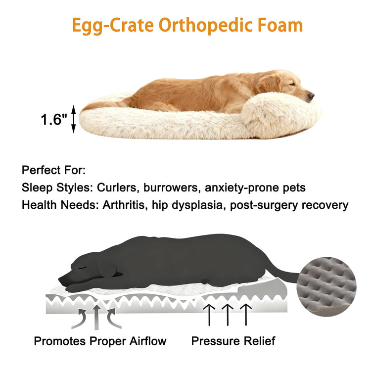 Orthopedic Dog Bed with Egg-Crate Base, Calming Dog & Cat Beds Long Plush with Raised Edges, Spine Friendly Pet Sleeping Mat for Small Medium Dogs, Machine Washable (Oval, Beige 26"x20")