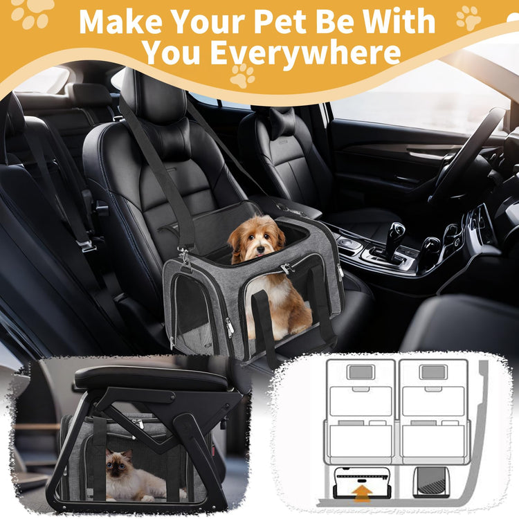 Soft-Sided Cat/Dog/Pet Carrier, Collapsible Pets Travel Carriers for Big Cats/Small Dogs with Shoulder Strap & Removable Mat, Mesh Puppy Carry Bag, Up to 16 Lbs, TSA Airline Approved(Black)