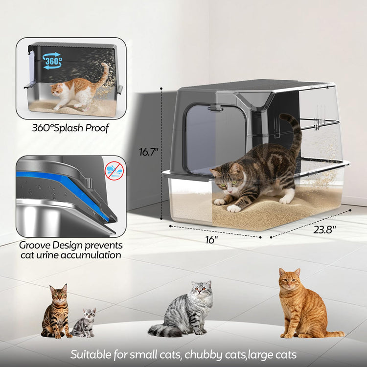 WoofiGo Enclosed Stainless Steel Cat Litter Box with Lid, XL Extra Large Litter Box for Big Cats, Metal Litter Pan High Sided, Never Absorbs Odors, Anti-Urine Leakage, Easy Cleaning, Include Scoop