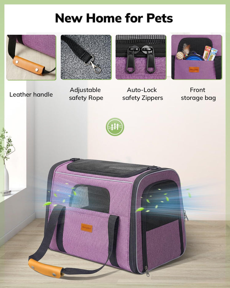 Morpilot Pet Carrier for Large Cats, Puppies & Small Dogs Up to 25lbs, Escape-Proof with Locking Zippers, Dual-Sided Cushion, Safety Buckle for Car & Vet Travel, Includes Foldable Bowl (Dark Gray)