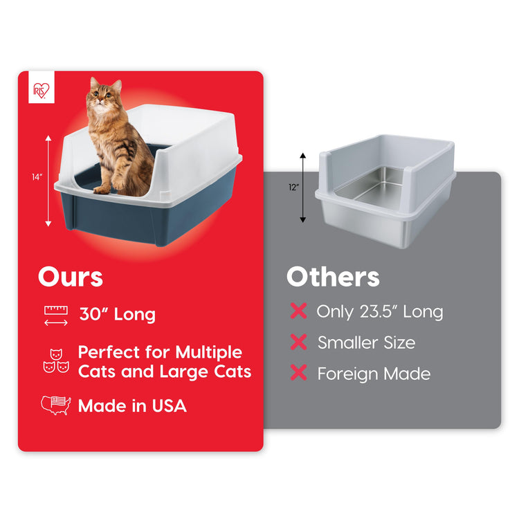 IRIS USA Cat Litter Box XX-Large Open Top with High Sided Walls Tall Scatter Shield Scoop Included Easy Clean Plastic Pan for Big Cats Kittens Multi-Cat Households 30"L x 20"W x 14"H Navy