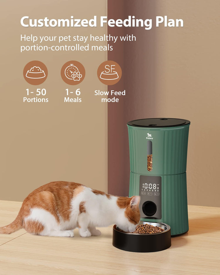 Petory Timed Automatic Cat Feeders - 4L Programable Dry Food Dispenser for Cats and Small Medium Dogs 6 Meals with Desiccant Bag Dual Power Supply 10S Voice Recorder