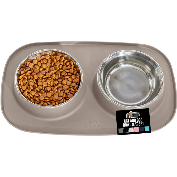GORILLA GRIP Feeding Mat Set, Patent Pending 100% Waterproof BPA Free Silicone, Stainless Steel Cat and Dog Bowls, Slip Resistant, 1 Black mat/tray with 2 stainless steel bowls