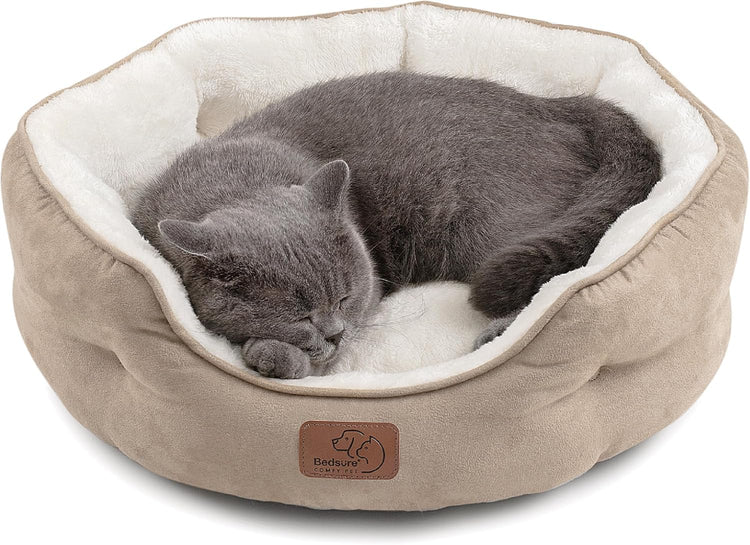 Bedsure Dog Beds for Small Dogs - Round Medium Cat Beds for Indoor Cats, Washable Pet Bed for Puppy and Kitten with Slip-Resistant Bottom, 25 Inches, Taupe
