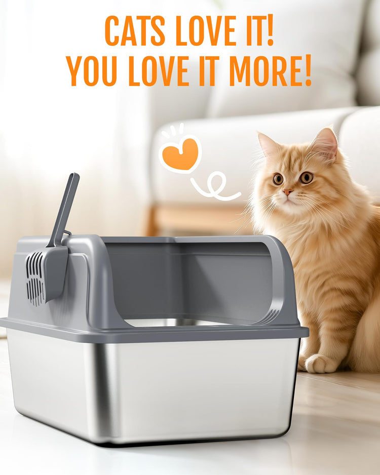 Powools Stainless Steel Cat Litter Box, Metal Litter Box with Scoop, High- Sided, Anti-Leakage Top Entry, Non-Sticky, Easy to Clean, Grey, M (1 Pack)