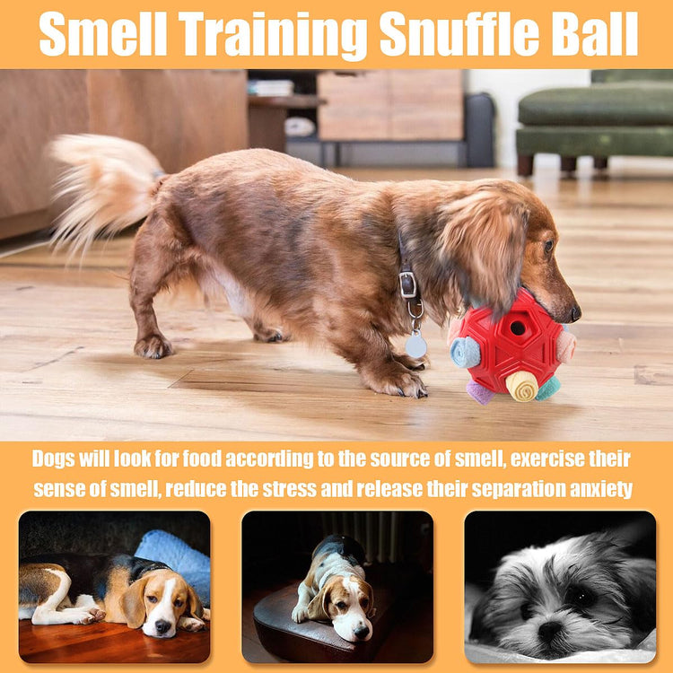 Dog Snuffle Ball-Interactive Puzzle Dog Toys Encourage Natural Foraging Skills Slow Feeder for Training and Stress Relief, Cloth Strip Hiding Food Chew Toys with Squeaky Carrot Toy for Any Size