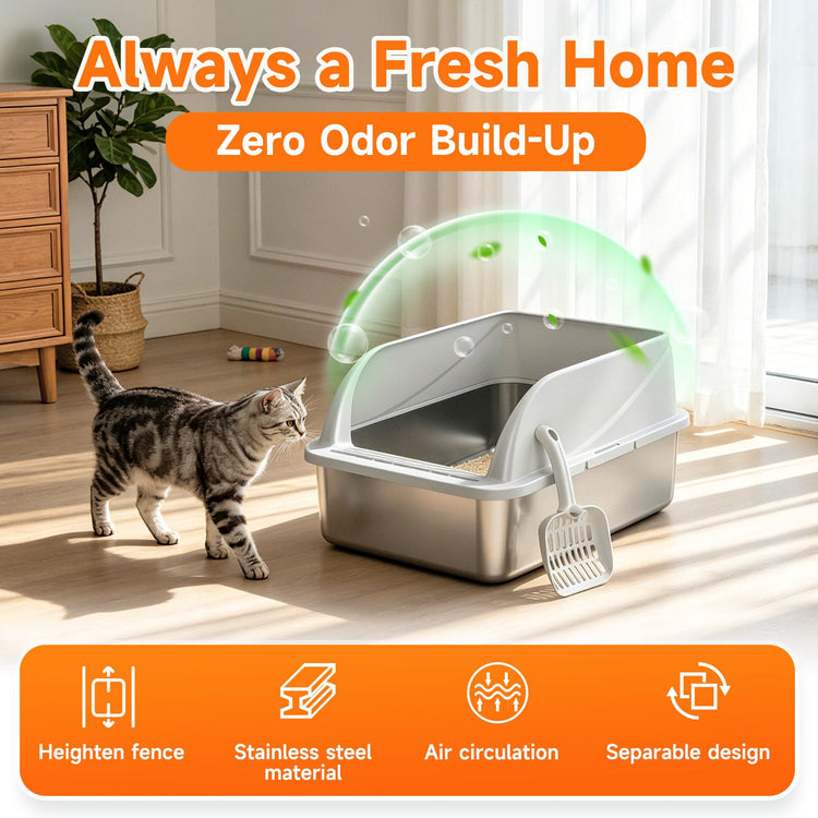 Stainless Steel High Sides Cat Litter Box with Scoop, Open Top Litter Pan for Indoor Cats, Easy to Clean, Reduced Litter Scatter, Medium