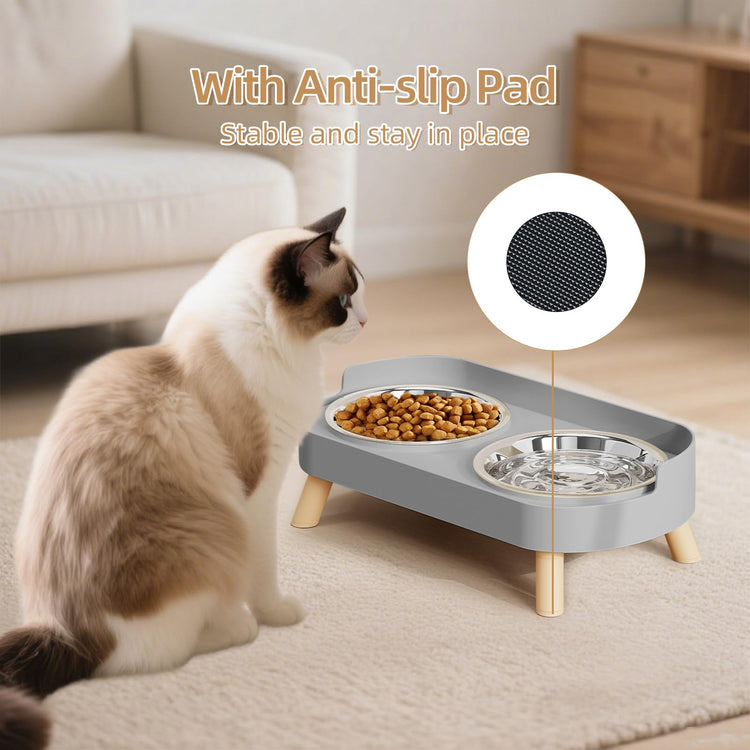 Elevated Cat Bowl, Raised Cat Food and Water Bowl Set for Indoor Cats, Splash Proof with 2 Stainless Steel Pet Food Bowls for Cats and Puppies, Whisker Fatigue and Dishwasher Safe - White