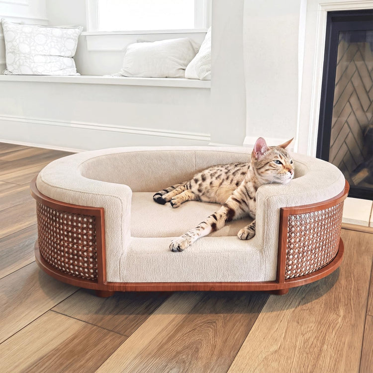 4 Cats & Dogs Gracie Rattan Bed for Small Pets, Walnut Wood Frame with Handwoven Rattan, Soft Removable Taupe Cushion, Small Pet Sofa Bed, Indoor Sofabed, Pet Furniture for Cats & Dogs - Taupe/Walnut