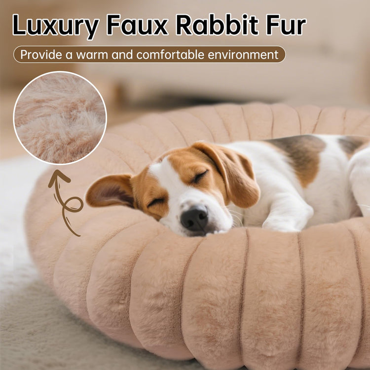 Donut Dog and Cat Bed, Luxurious Comfortable Faux Rabbit Fur Pet Beds, Round Anti-Anxiety Calming Puppy Kitten Bed with Anti-Slip Bottom for Small Medium Dogs & Cats(28", White)