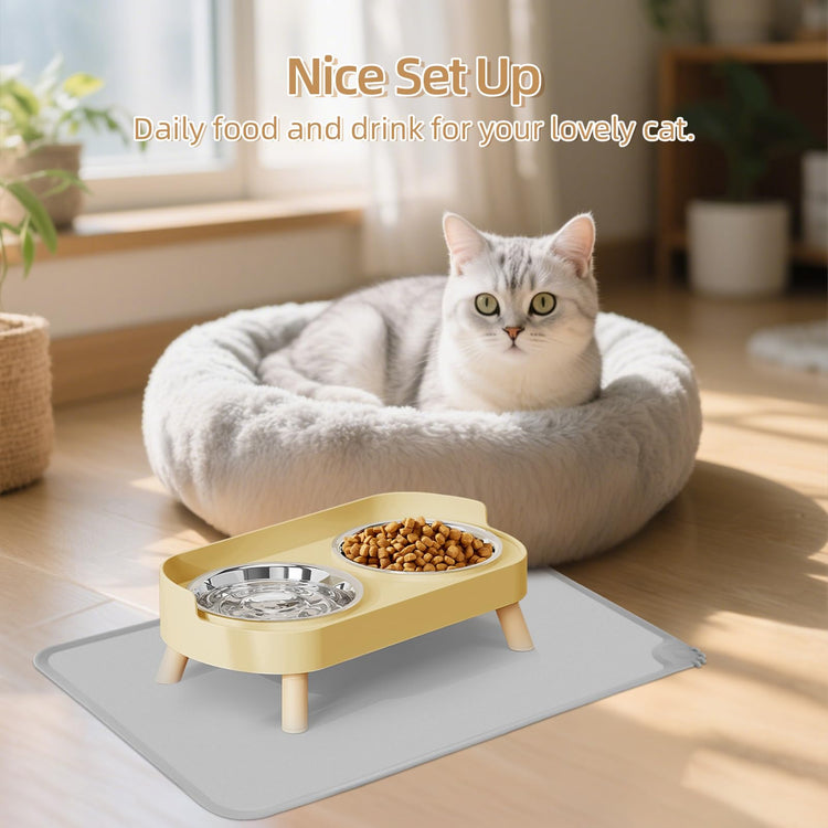 Elevated Cat Bowl, Raised Cat Food and Water Bowl Set for Indoor Cats, Splash Proof with 2 Stainless Steel Pet Food Bowls for Cats and Puppies, Whisker Fatigue and Dishwasher Safe - White