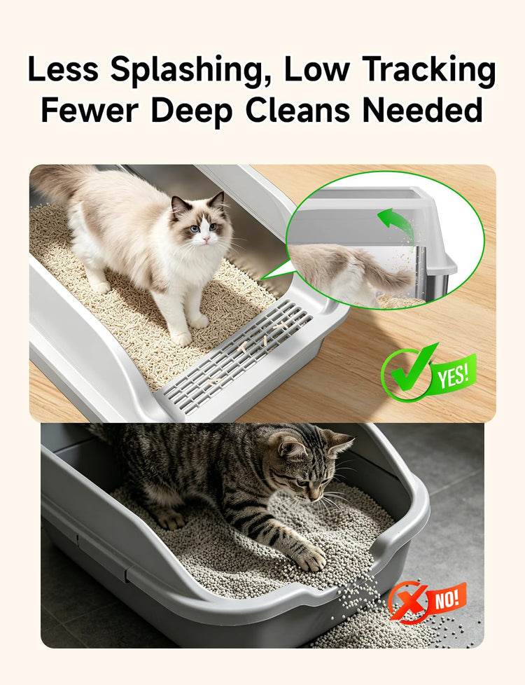 Stainless Steel Cat Litter Box, Odor Free Metal Litter Box with High Sides Lid, Open Top Low Entry Litter Pan Include Scoop Easy Cleaning Anti-Scratch Kitty Cat Box Anti-Urine Leakage, Non-Sticky