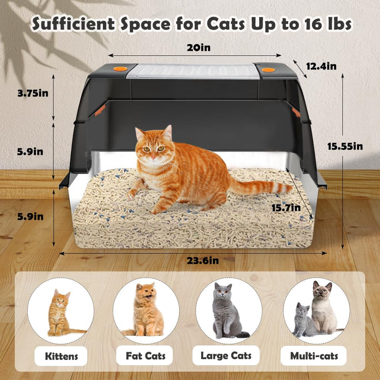 Vivifying Stainless Steel Litter Box, XL Side Entry Extra Large Litter Box with Lid for Big Cats & Kitty, Removable Enclosed Metal Cat Pan with High Sided Enclosure, Scoop (Black)