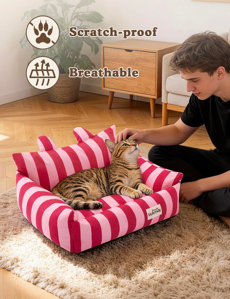 Cat Couch, Reversible Pet Bed for Indoor Cats – 2-Sided Cat Sofa with Oxford Fabric and Plush Fleece, Washable Small Dog Couch for Puppies and Senior Pets, Non-Slip Bottom, 28 inch, Pink Brown