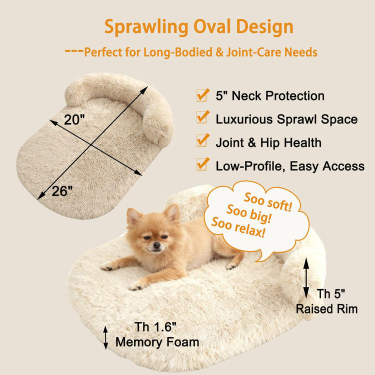 Orthopedic Dog Bed with Egg-Crate Base, Calming Dog & Cat Beds Long Plush with Raised Edges, Spine Friendly Pet Sleeping Mat for Small Medium Dogs, Machine Washable (Oval, Beige 26"x20")