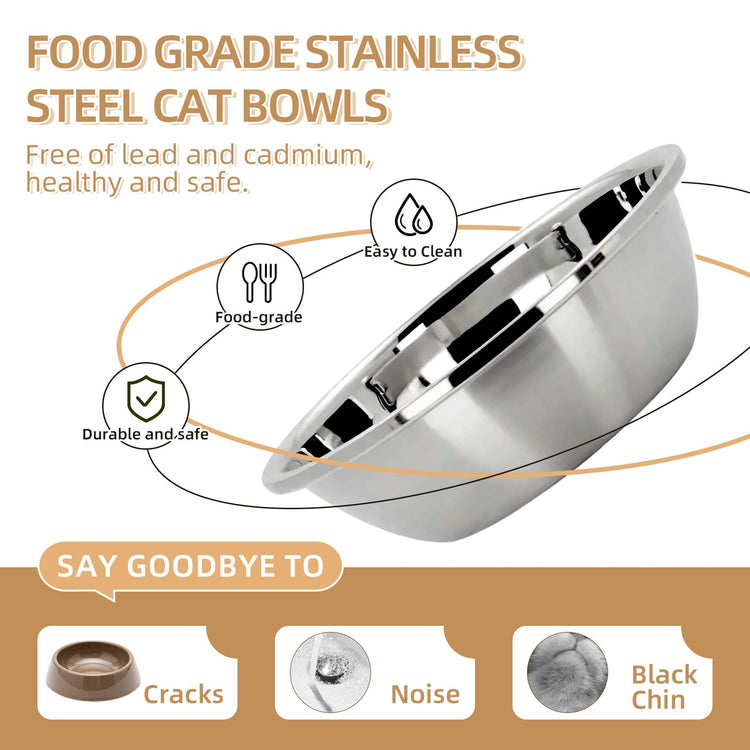 Elevated Cat Bowl, Raised Cat Food and Water Bowl Set for Indoor Cats, Splash Proof with 2 Stainless Steel Pet Food Bowls for Cats and Puppies, Whisker Fatigue and Dishwasher Safe - White