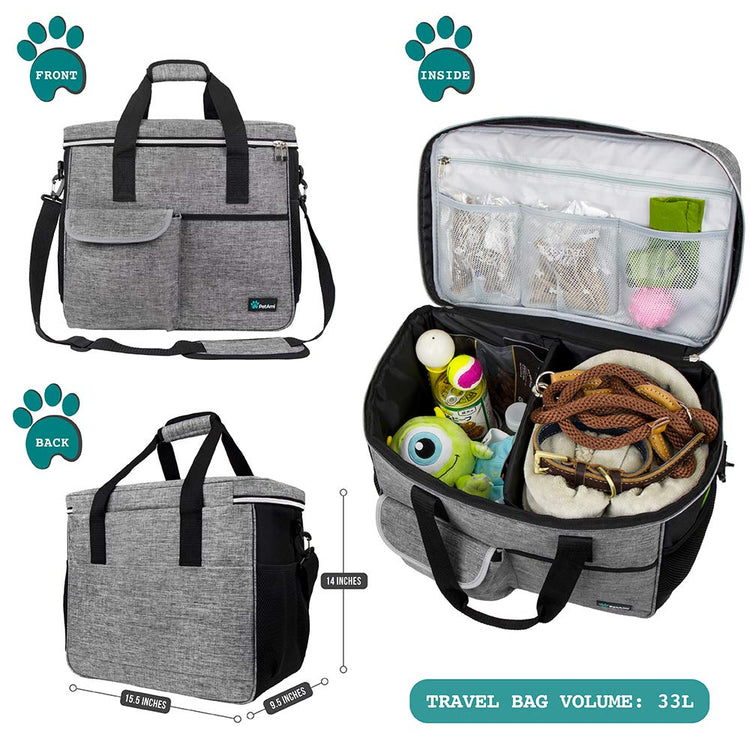PetAmi Dog Travel Bag Organizer, Pet Travel Kit with 2 Food Containers & 2 Collapsible Dog Bowls, Pet Supplies Tote with Luggage Sleeve, Weekend Road Trip Camping Essentials, Dark Gray, Medium