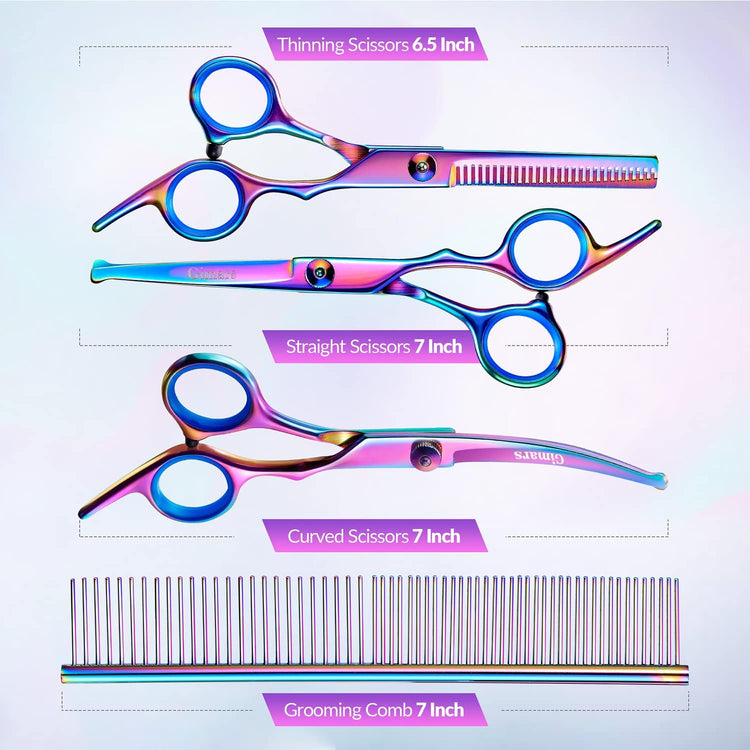 Gimars Titanium Coated Professional 6 in 1 4CR Stainless Steel Dog Grooming Scissors with Safety Round Tip, Heavy Duty Pet Grooming Scissor for Dogs, Cats and Other Animals